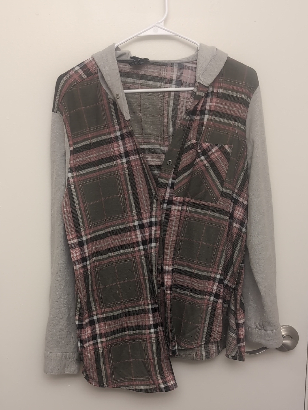 Justify Olive Green & Pink Plaid Hooded Button-Down